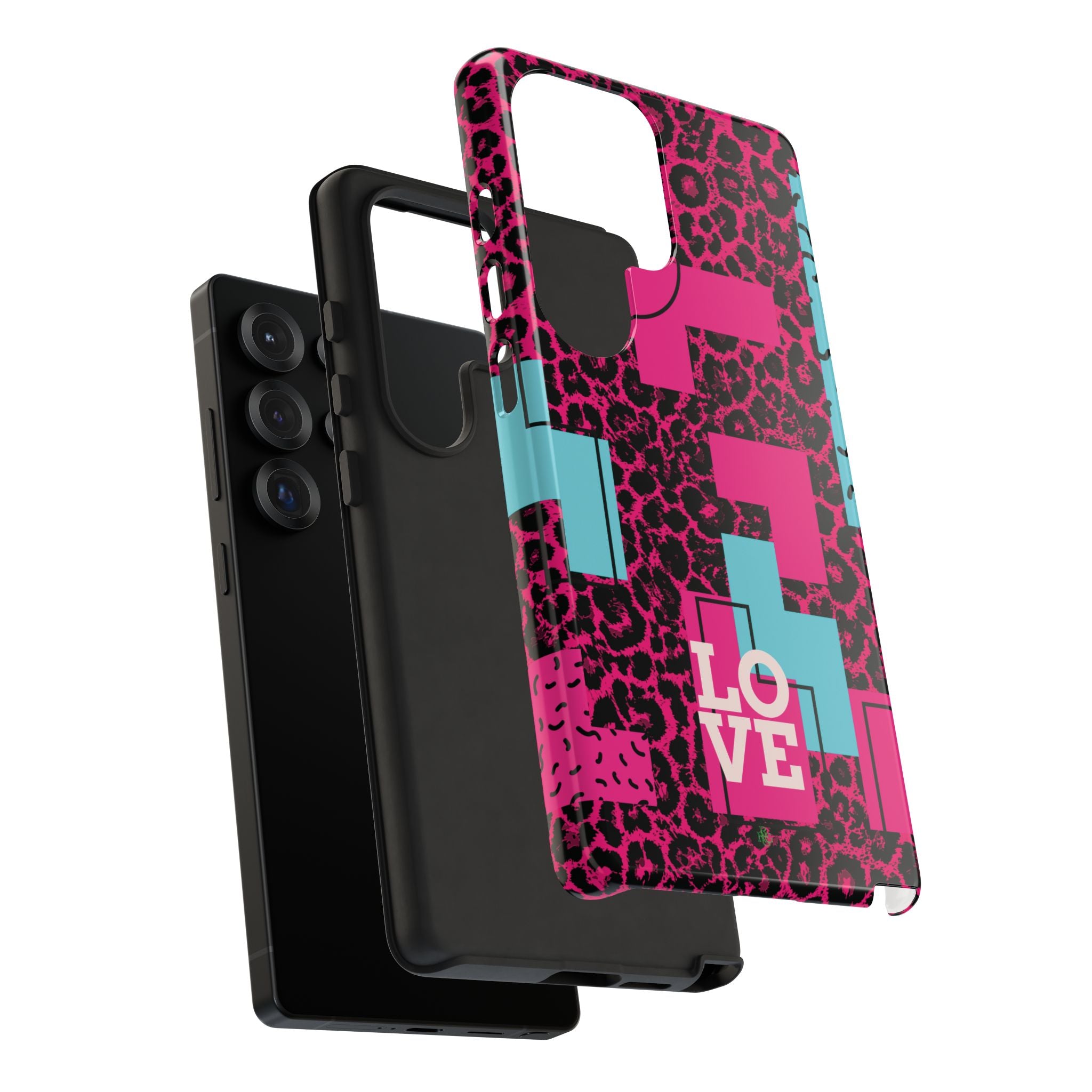 Pink Love Retro Blocks Leopard RG Tough Phone Case for iPhone, Galaxy, or Google Pixel