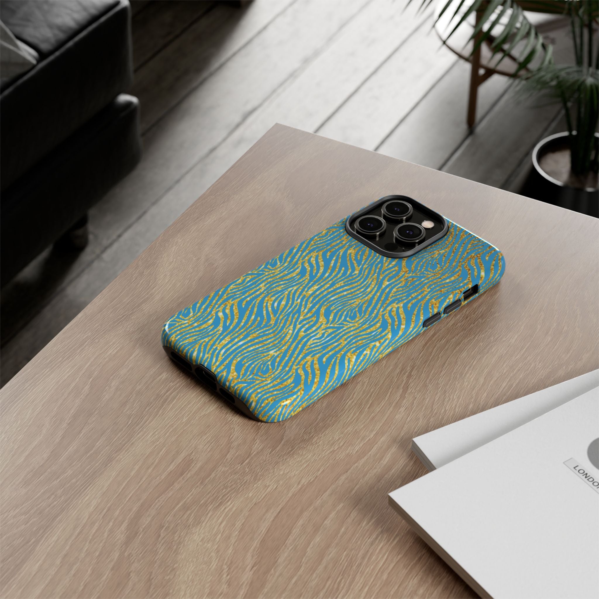 Blue Gold Zebra Tough Case for iPhone, Galaxy, or Google Pixel