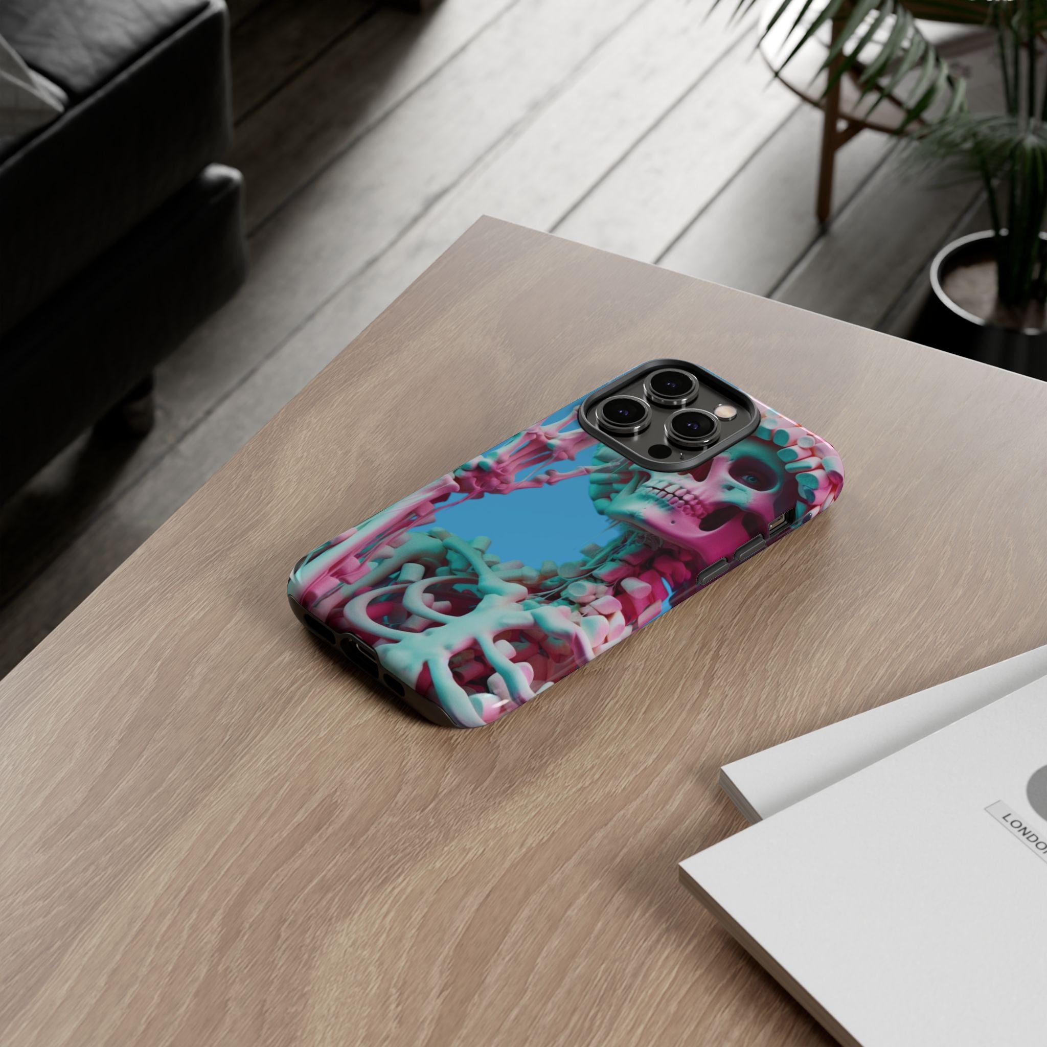 Neon Pink Skeleton Blue Tough Phone Case for iPhone, Galaxy or Google Pixel