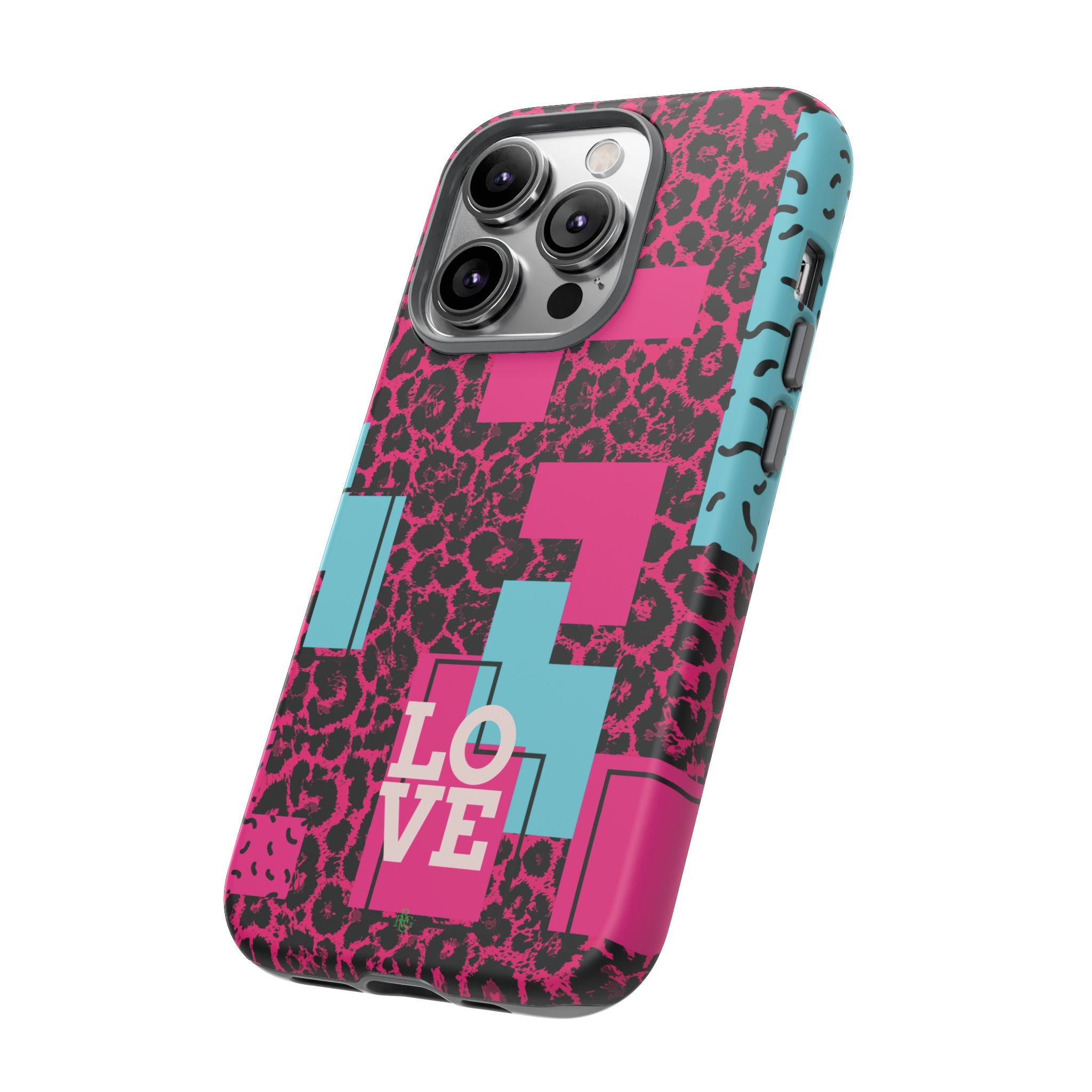Pink Love Retro Blocks Leopard RG Tough Phone Case for iPhone, Galaxy, or Google Pixel