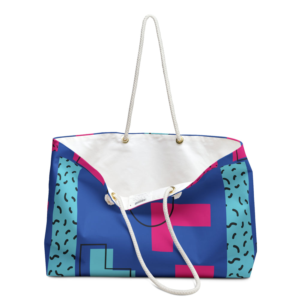 Retro Blocks Blue Eco-Friendly Weekender Bag, Travel Tote, Beach Bag