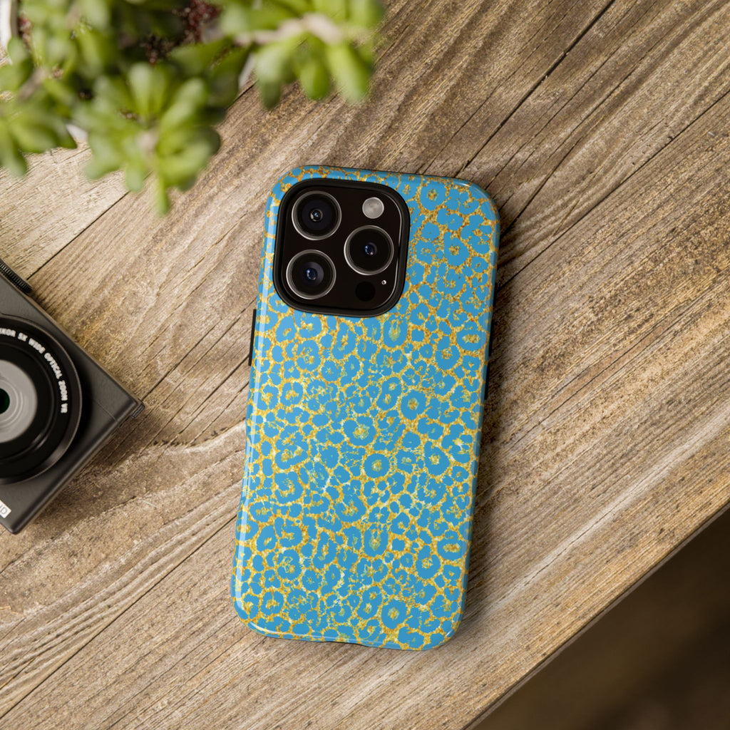 Blue Gold Leopard Tough Phone Case for iPhone, Galaxy, or Google Pixel