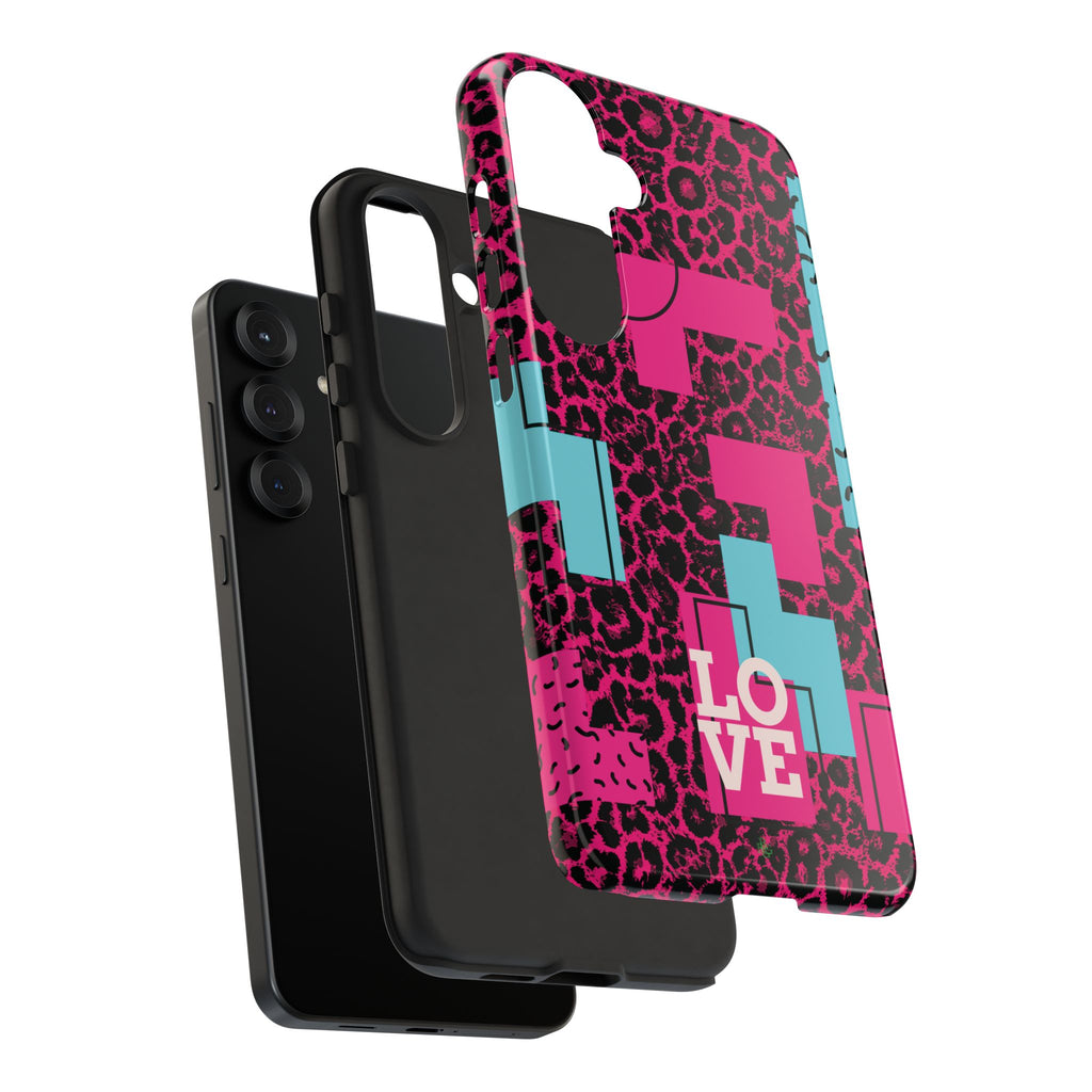 Pink Love Retro Blocks Leopard RG Tough Phone Case for iPhone, Galaxy, or Google Pixel