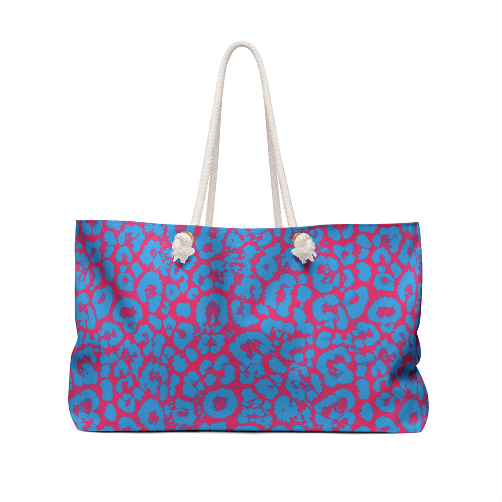Blue Pink Leopard Eco Friendly Weekender Bag, Travel Tote, Beach Bag