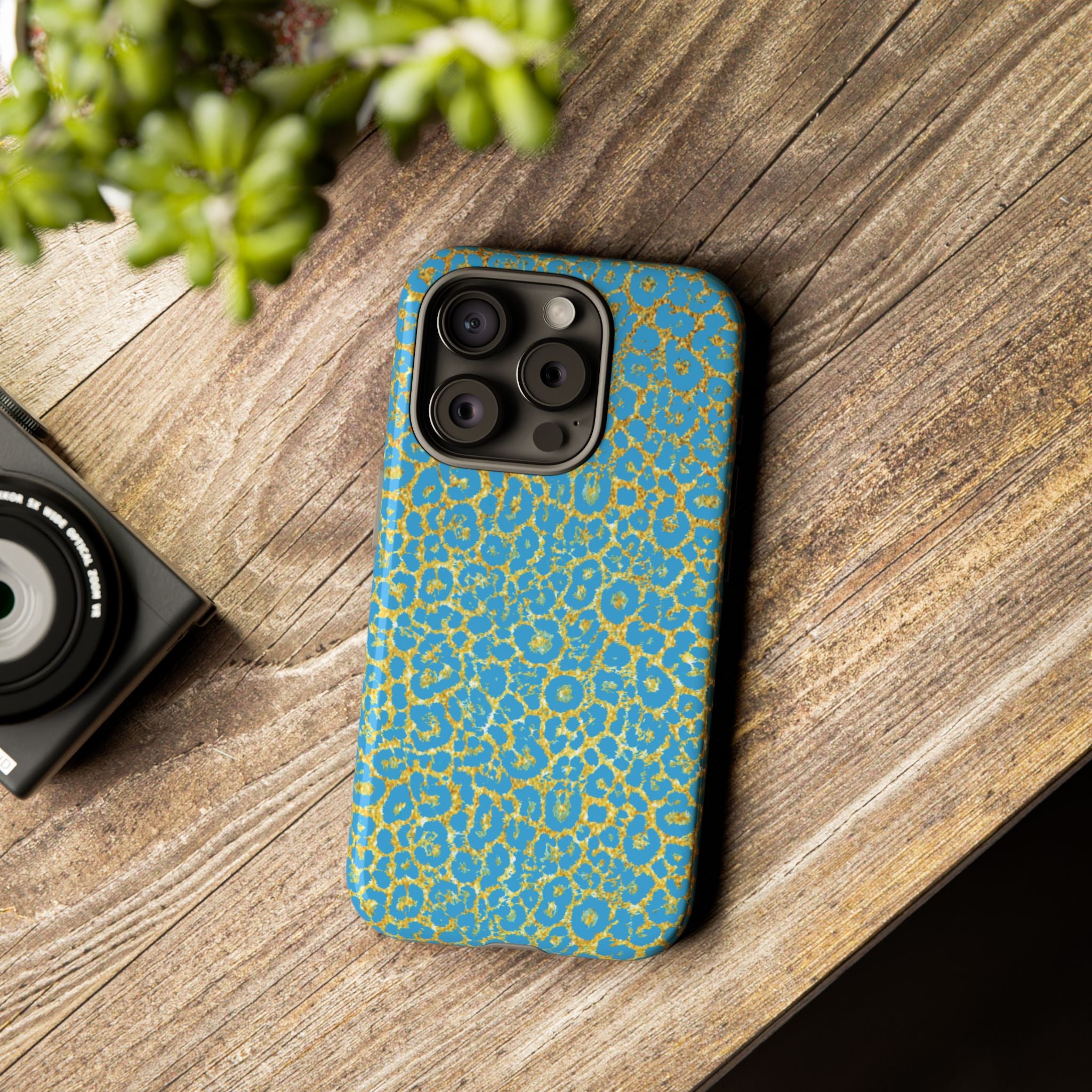 Blue Gold Leopard Tough Phone Case for iPhone, Galaxy, or Google Pixel