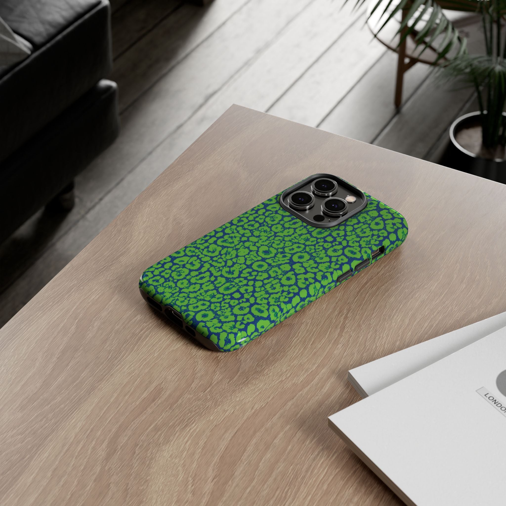 Blue Neon Green  Leopard Tough Phone Case for iPhone, Galaxy, or Google Pixel