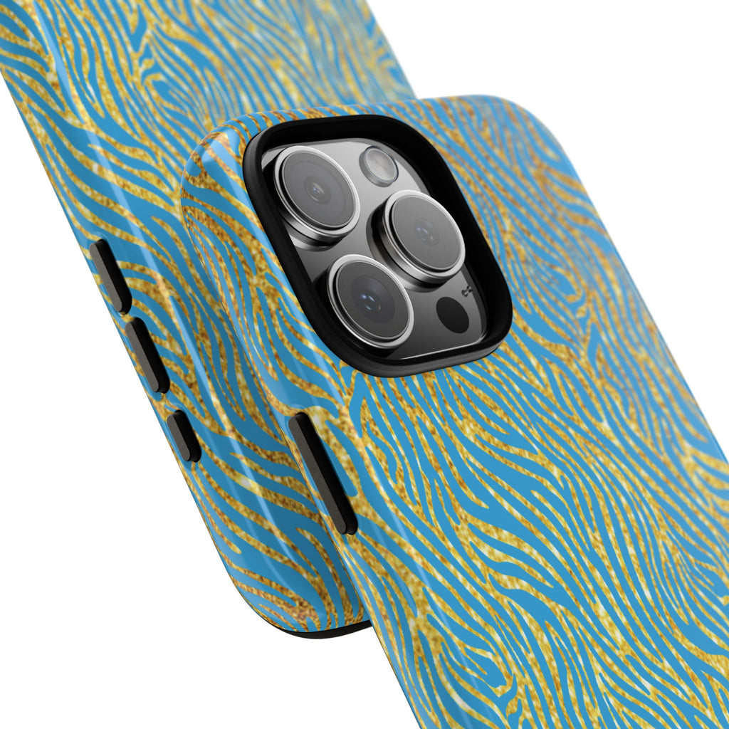 Blue Gold Zebra Tough Case for iPhone, Galaxy, or Google Pixel