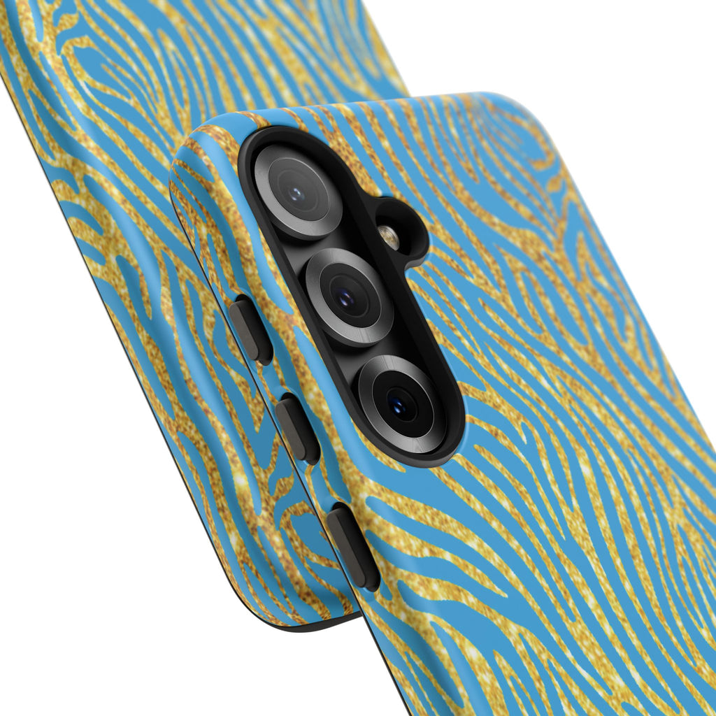 Blue Gold Zebra Tough Case for iPhone, Galaxy, or Google Pixel