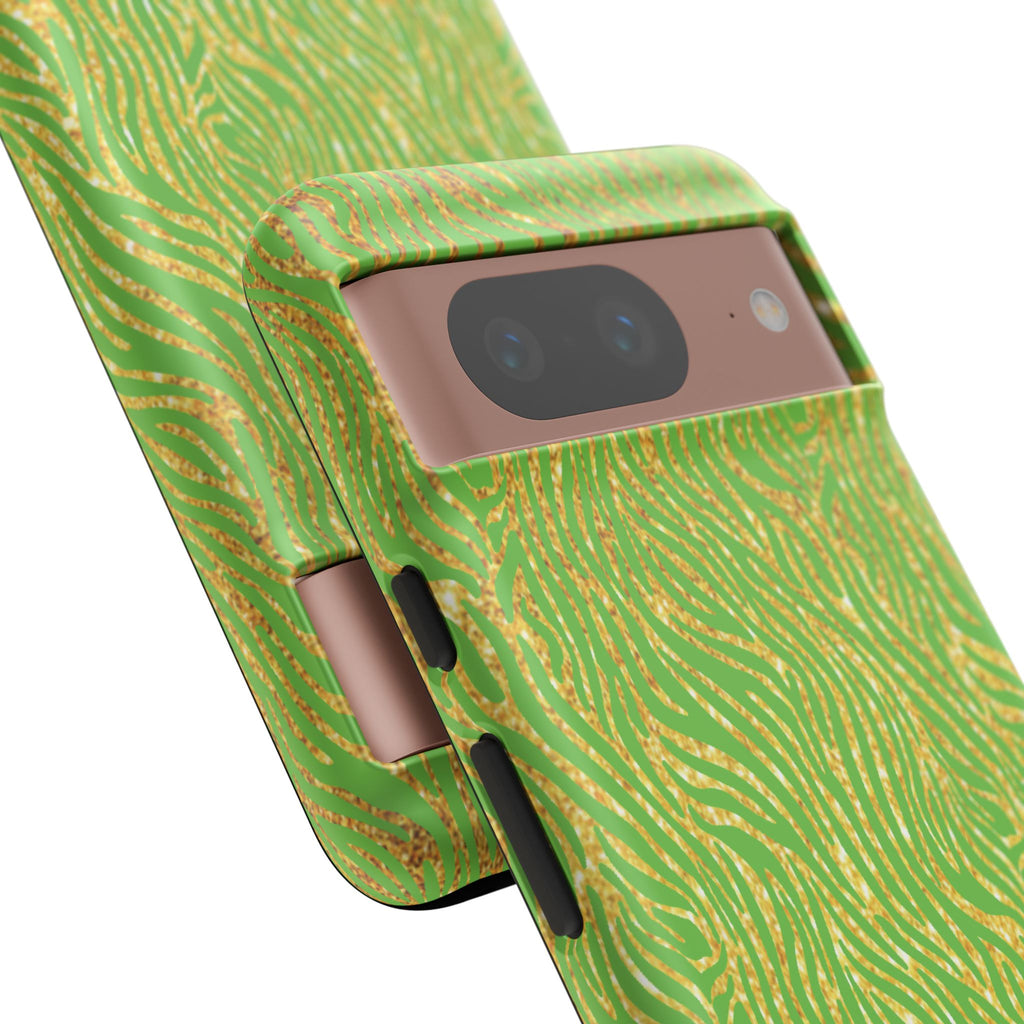 Neon Green Gold Zebra Tough Phone Case for iPhone, Galaxy, or Google Pixel
