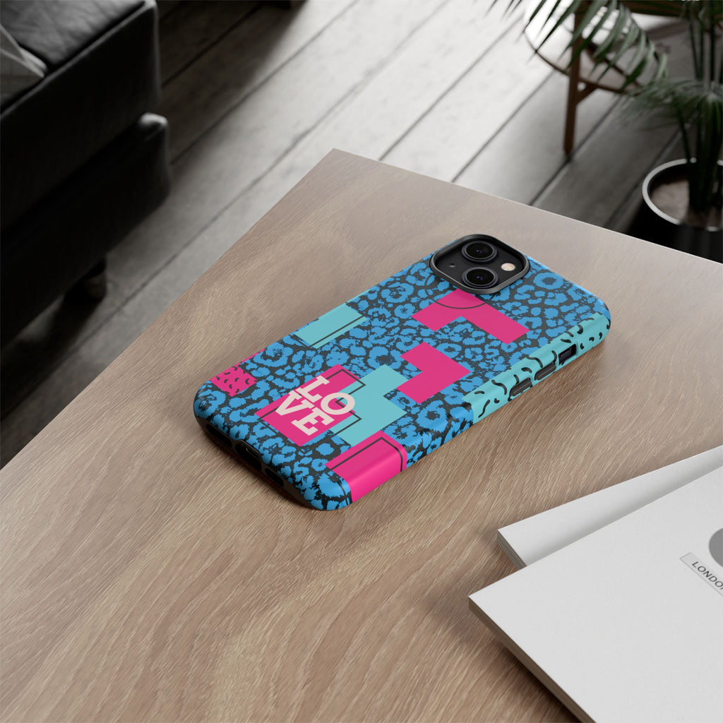 LOVE Blue Leopard 80s Vibe Tough Case for iPhone, Galaxy, or Google Pixel