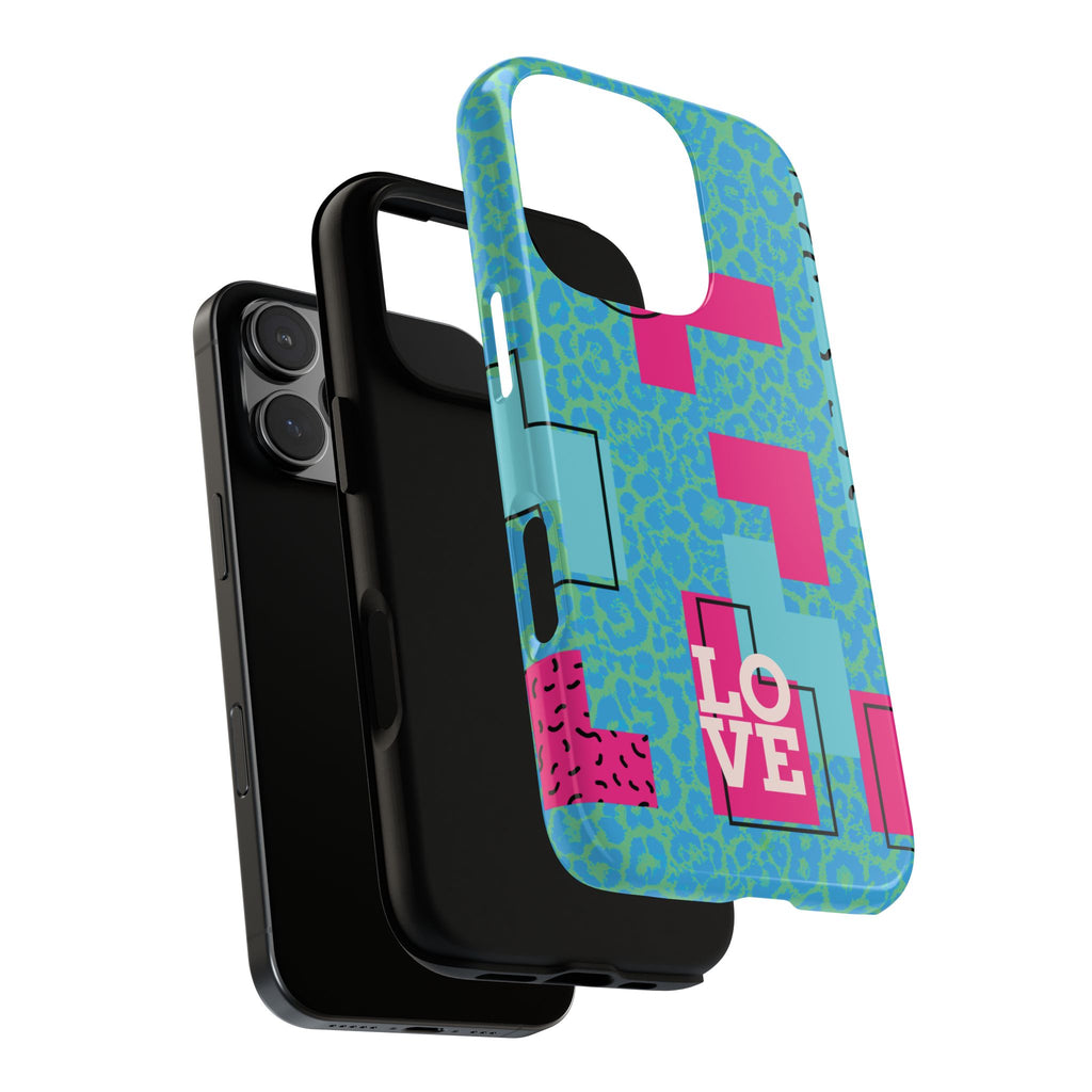 LOVE Aqua Blue Leopard RG Tough Phone Case iPhone, Galaxy, or Google Pixel