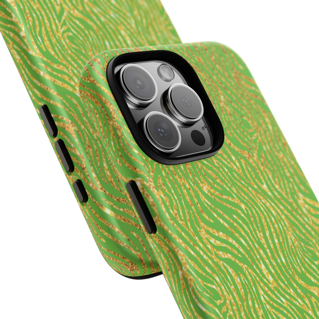 Neon Green Gold Zebra Tough Phone Case for iPhone, Galaxy, or Google Pixel