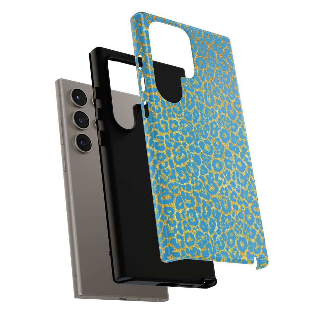 Blue Gold Leopard Tough Phone Case for iPhone, Galaxy, or Google Pixel
