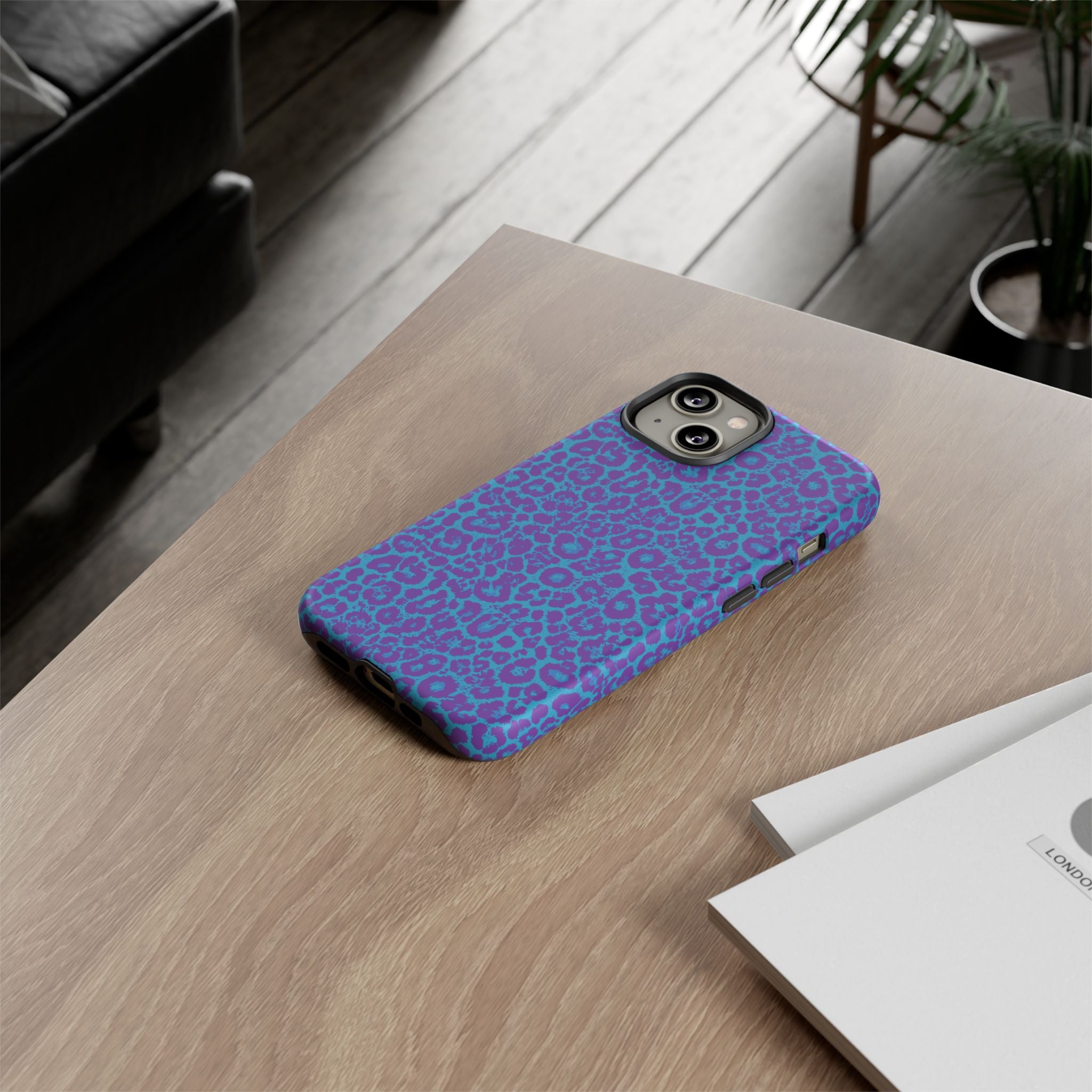 Leopard Printed Purple Blue Tough Phone Case for iPhone, Galaxy, or Google Pixel