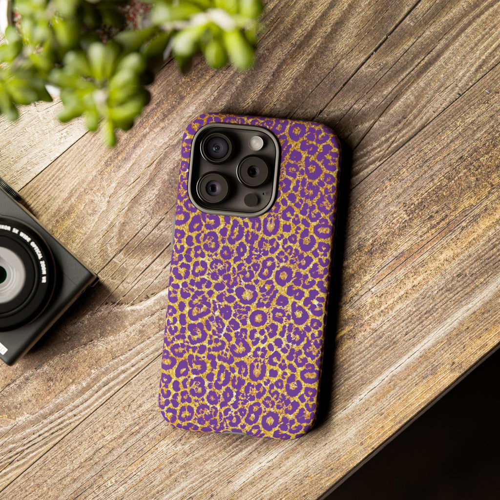 Purple Gold Leopard Tough Phone Case for iPhone, Galaxy, or Google Pixel