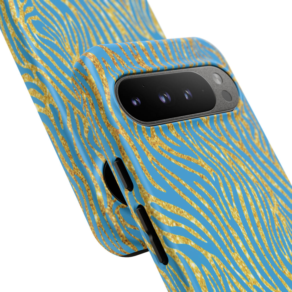 Blue Gold Zebra Tough Case for iPhone, Galaxy, or Google Pixel
