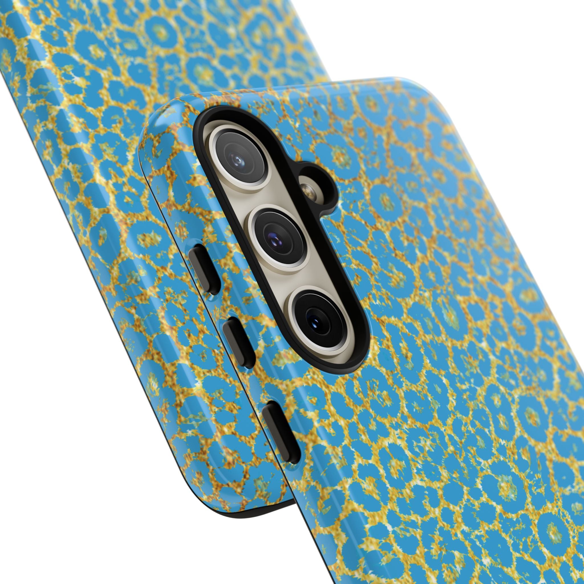 Blue Gold Leopard Tough Phone Case for iPhone, Galaxy, or Google Pixel