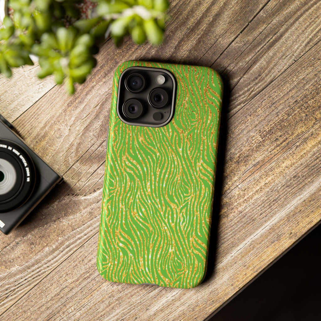 Neon Green Gold Zebra Tough Phone Case for iPhone, Galaxy, or Google Pixel