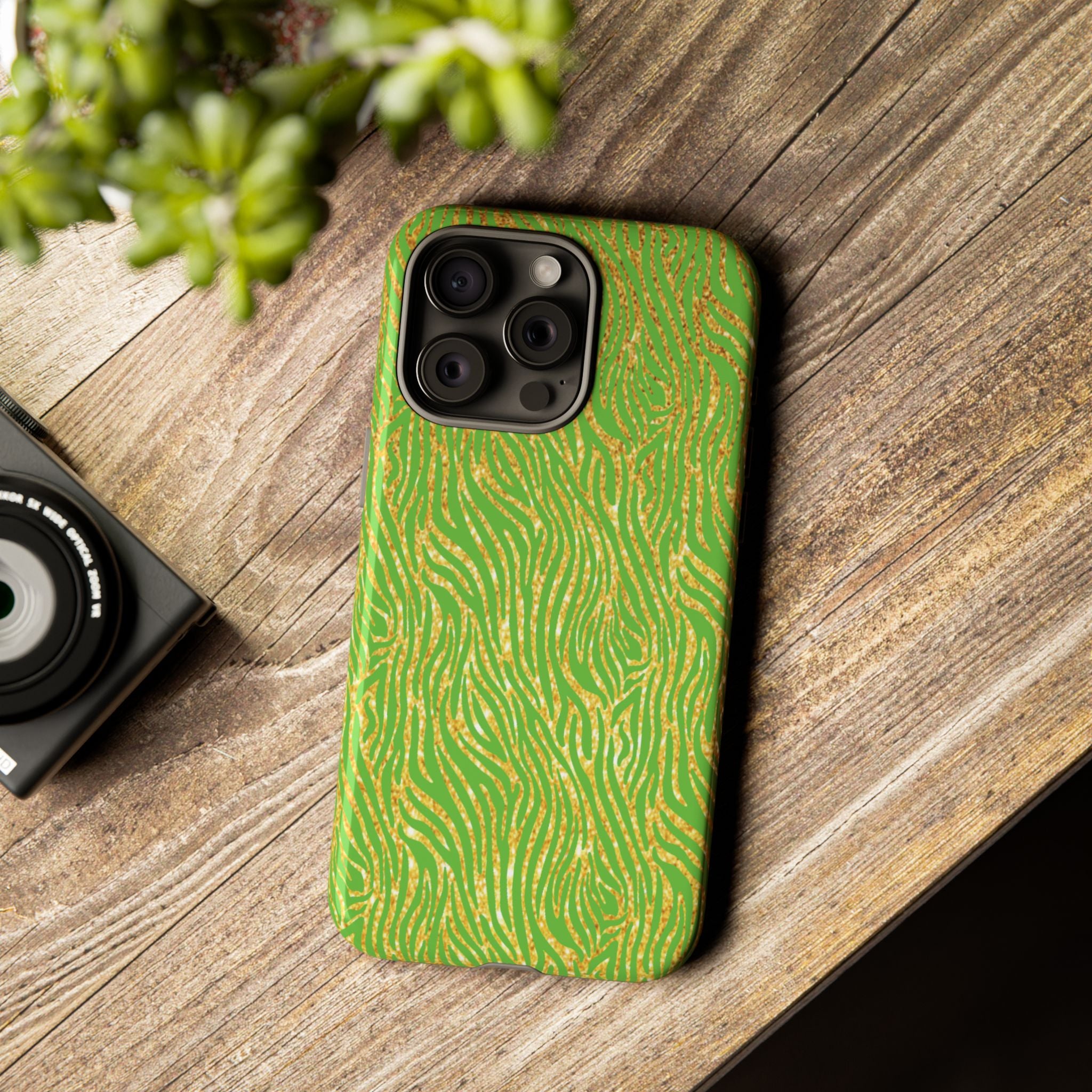 Neon Green Gold Zebra Tough Phone Case for iPhone, Galaxy, or Google Pixel