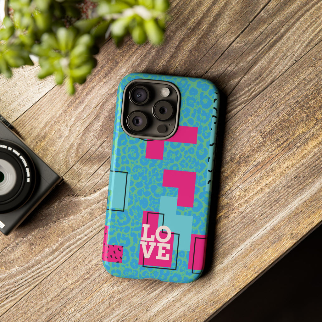 LOVE Aqua Blue Leopard RG Tough Phone Case iPhone, Galaxy, or Google Pixel