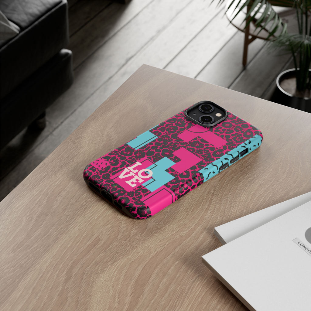 Pink Love Retro Blocks Leopard RG Tough Phone Case for iPhone, Galaxy, or Google Pixel