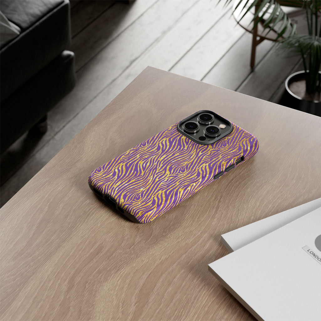Vibrant Purple Gold Zebra Tough Phone Case iPhone, Galaxy, or Google Pixel