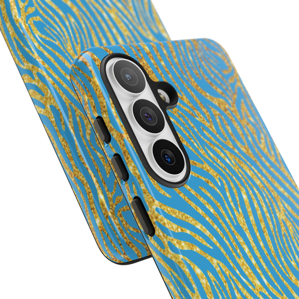 Blue Gold Zebra Tough Case for iPhone, Galaxy, or Google Pixel