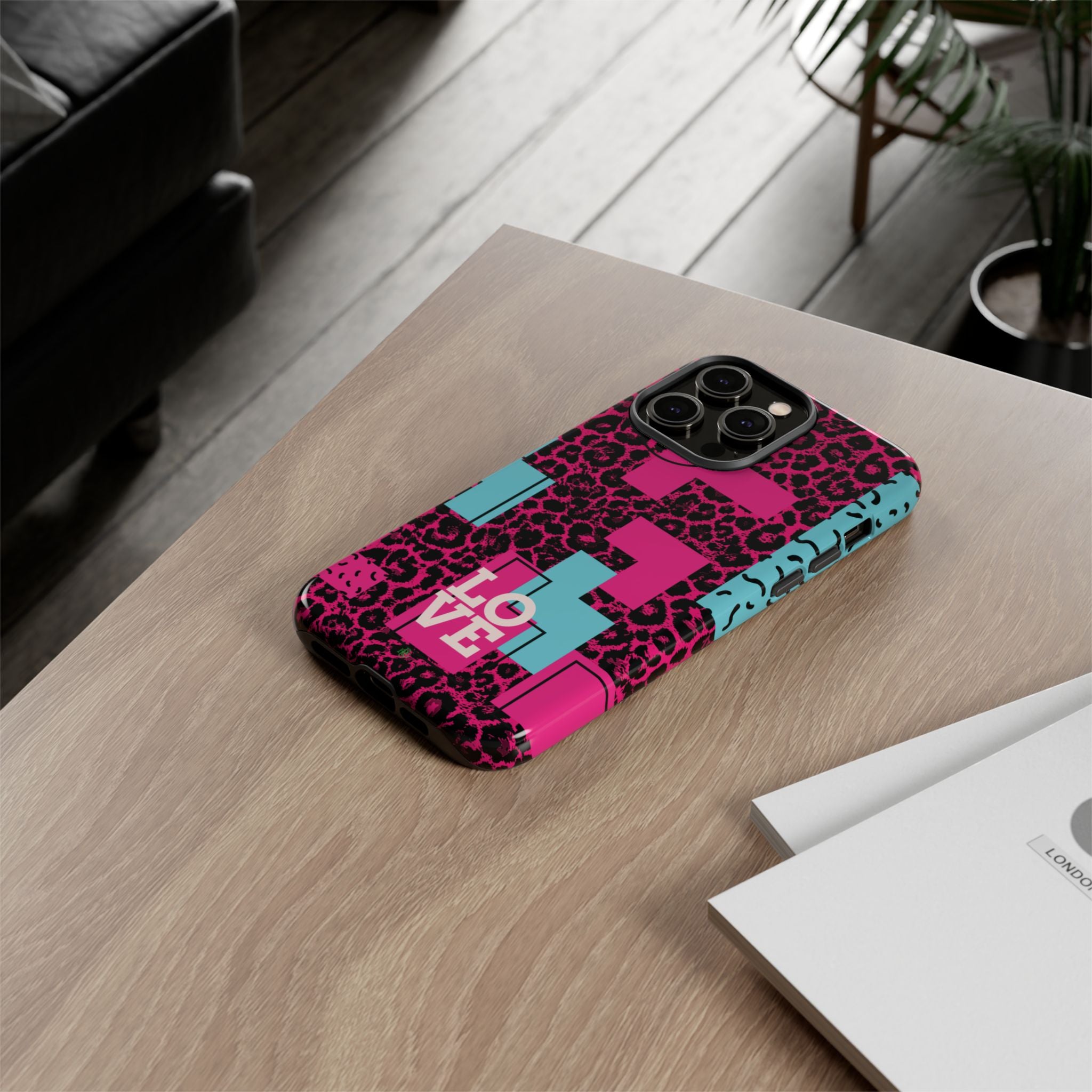 Pink Love Retro Blocks Leopard RG Tough Phone Case for iPhone, Galaxy, or Google Pixel