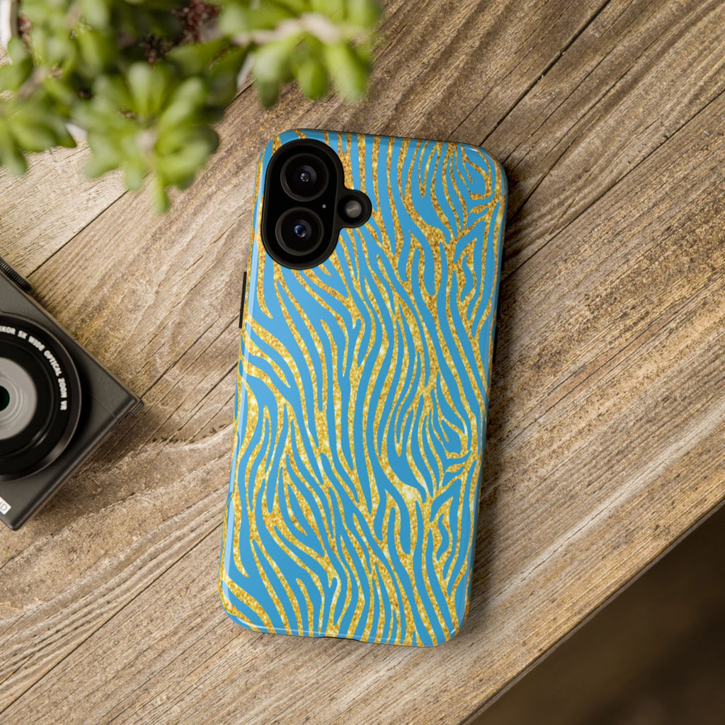 Blue Gold Zebra Tough Case for iPhone, Galaxy, or Google Pixel