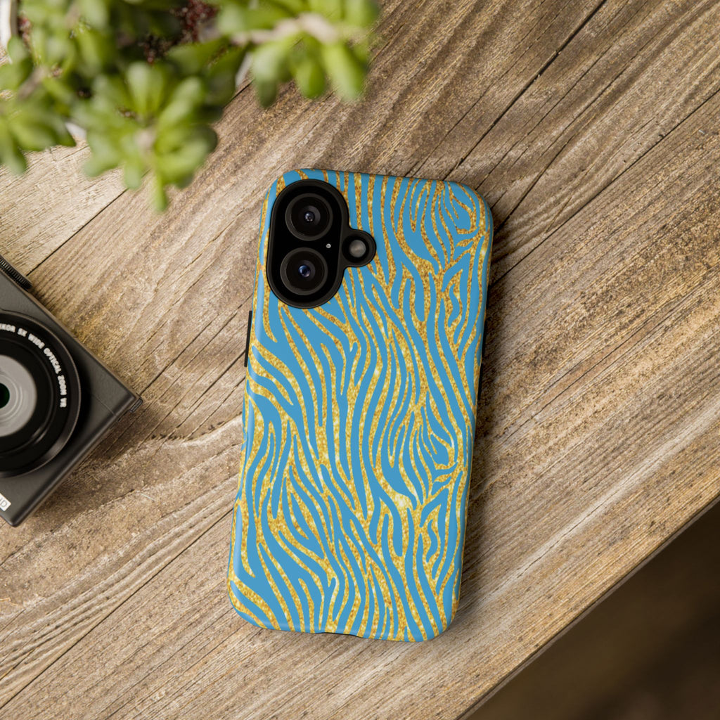 Blue Gold Zebra Tough Case for iPhone, Galaxy, or Google Pixel
