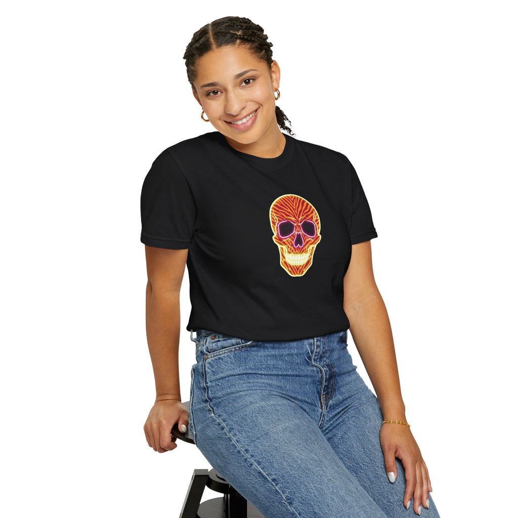 Neon Orange Flame Vibe Zebra Print Skull Unisex Garment-Dyed T-shirt