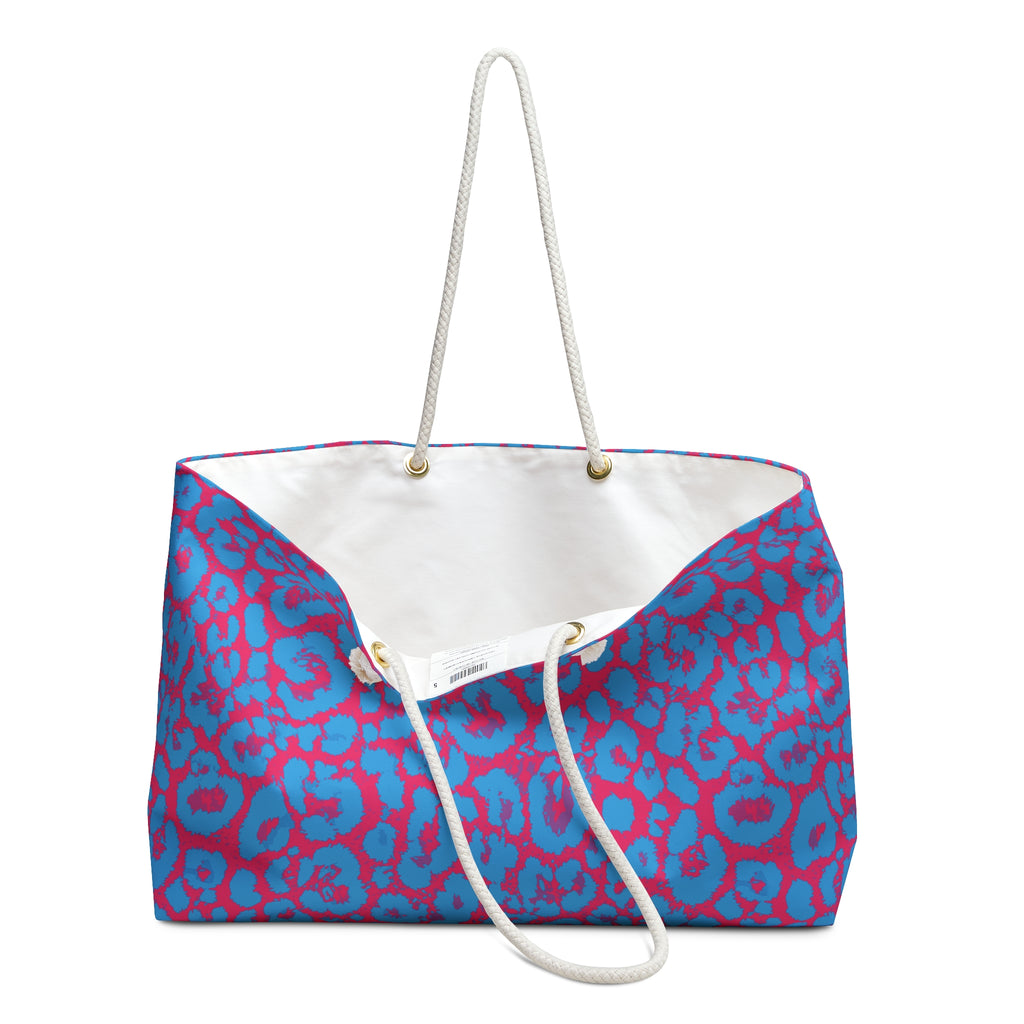 Blue Pink Leopard Eco Friendly Weekender Bag, Travel Tote, Beach Bag