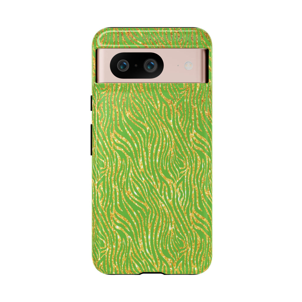 Neon Green Gold Zebra Tough Phone Case for iPhone, Galaxy, or Google Pixel