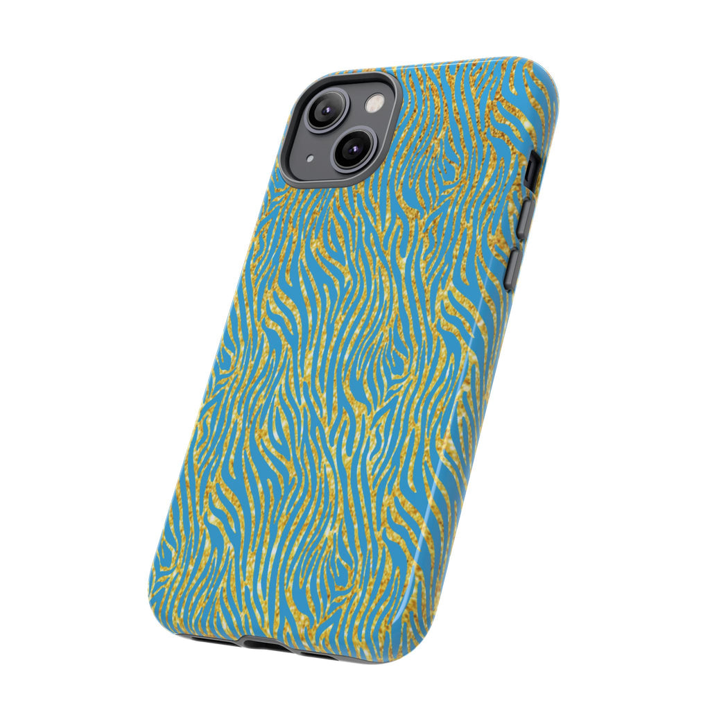 Blue Gold Zebra Tough Case for iPhone, Galaxy, or Google Pixel