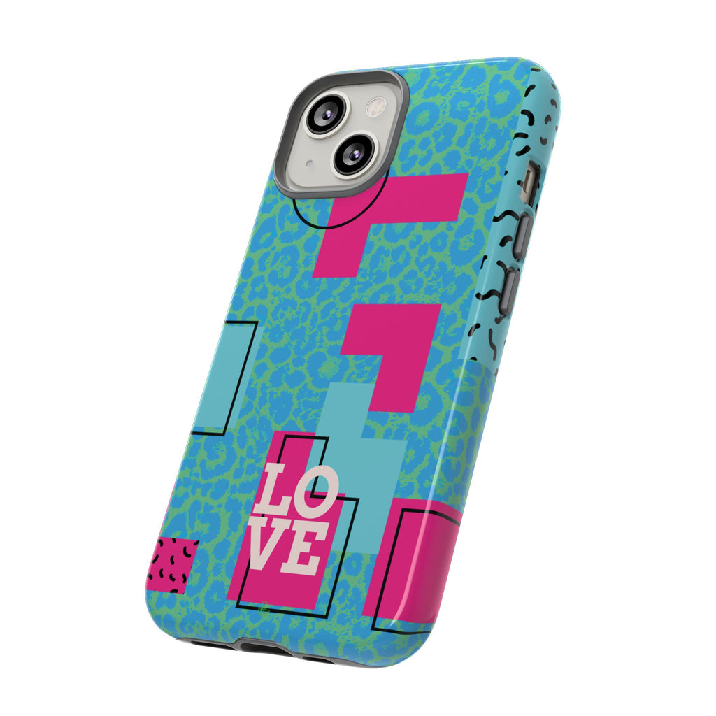 LOVE Aqua Blue Leopard RG Tough Phone Case iPhone, Galaxy, or Google Pixel