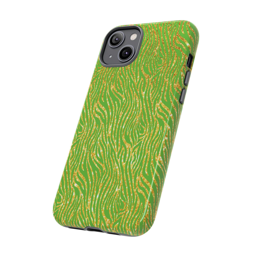 Neon Green Gold Zebra Tough Phone Case for iPhone, Galaxy, or Google Pixel