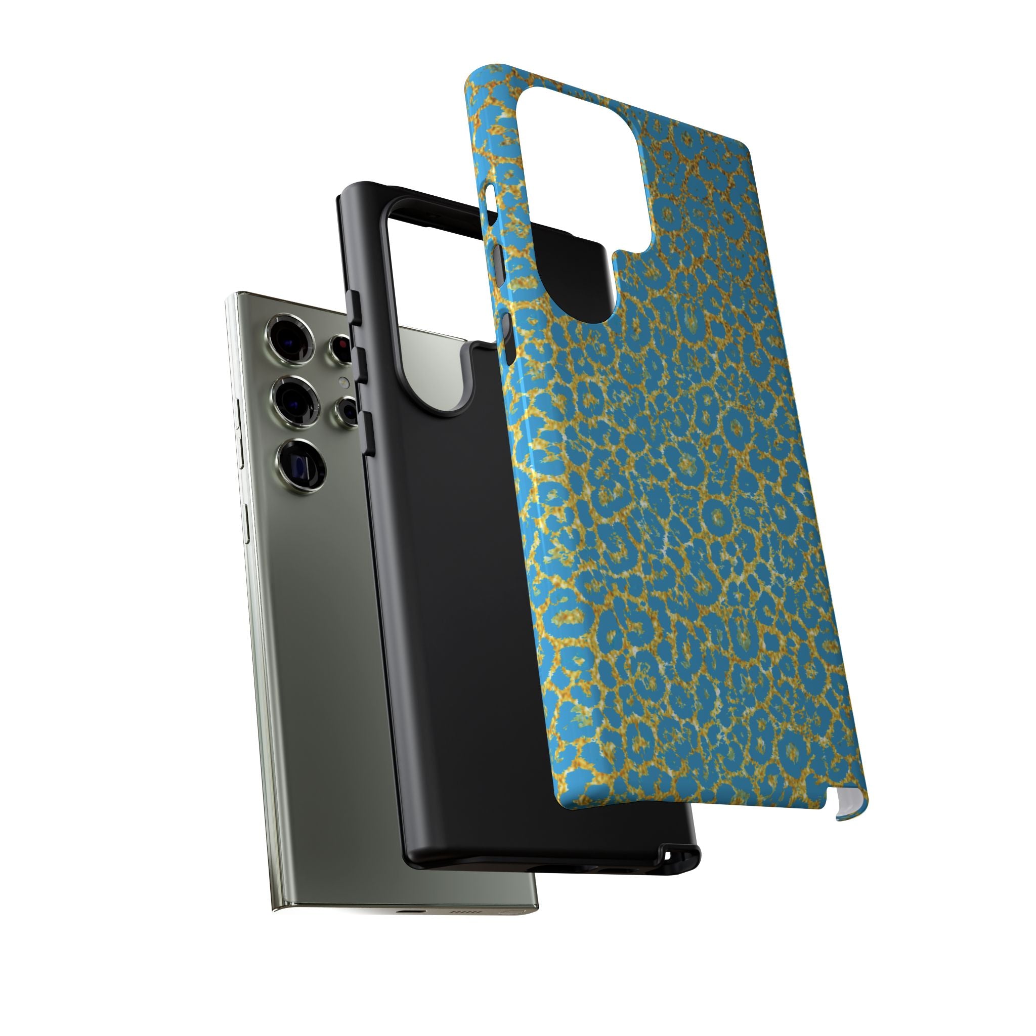 Blue Gold Leopard Tough Phone Case for iPhone, Galaxy, or Google Pixel