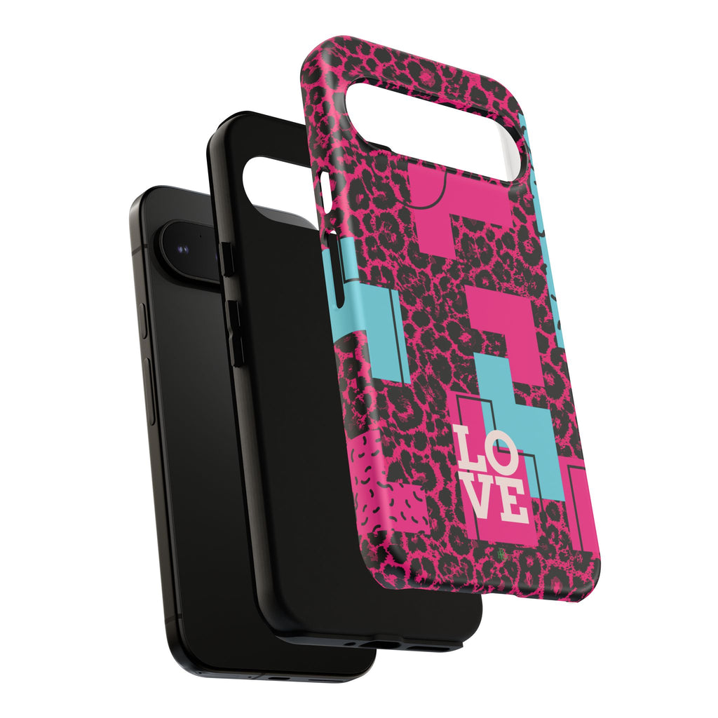 Pink Love Retro Blocks Leopard RG Tough Phone Case for iPhone, Galaxy, or Google Pixel