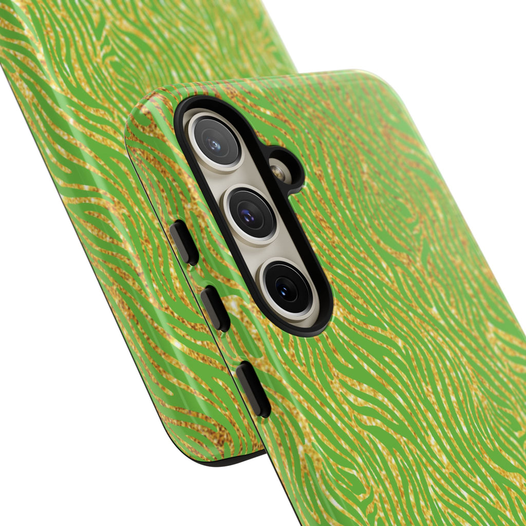 Neon Green Gold Zebra Tough Phone Case for iPhone, Galaxy, or Google Pixel
