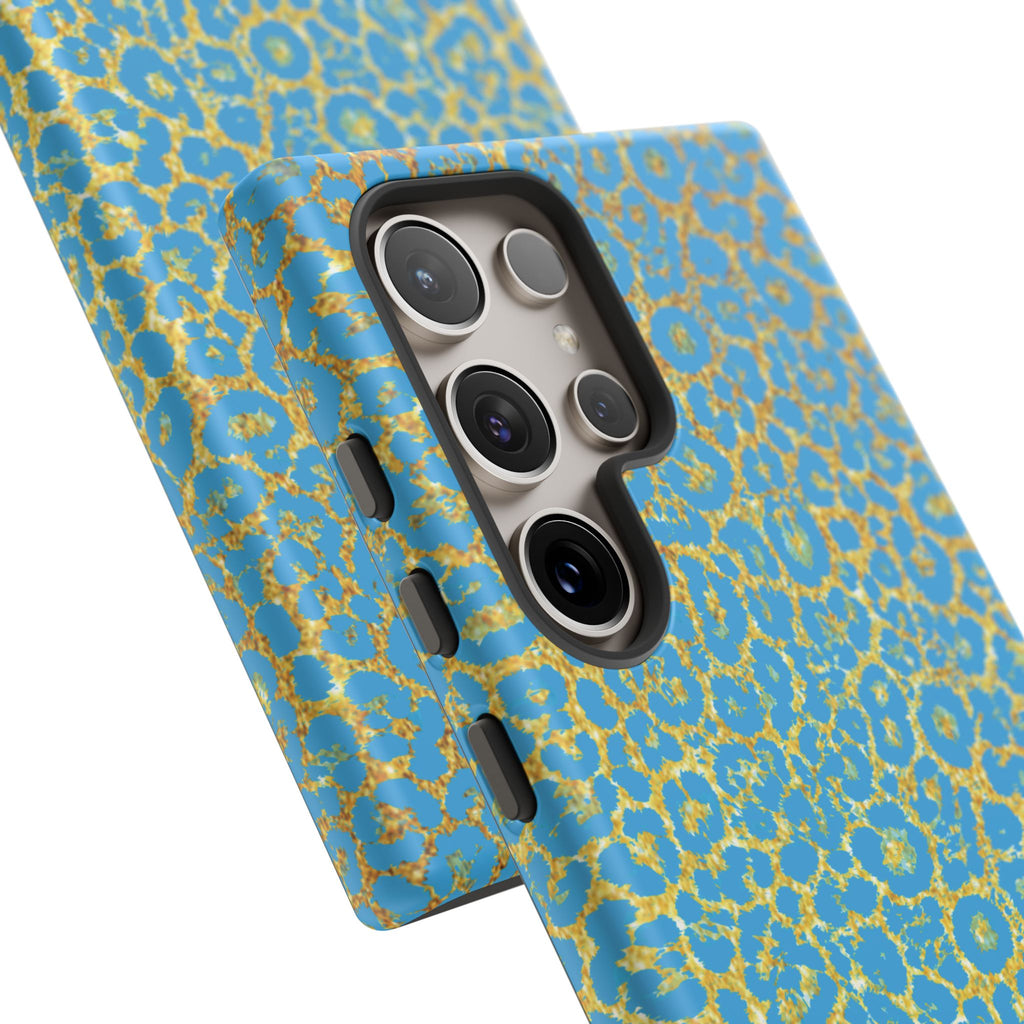 Blue Gold Leopard Tough Phone Case for iPhone, Galaxy, or Google Pixel