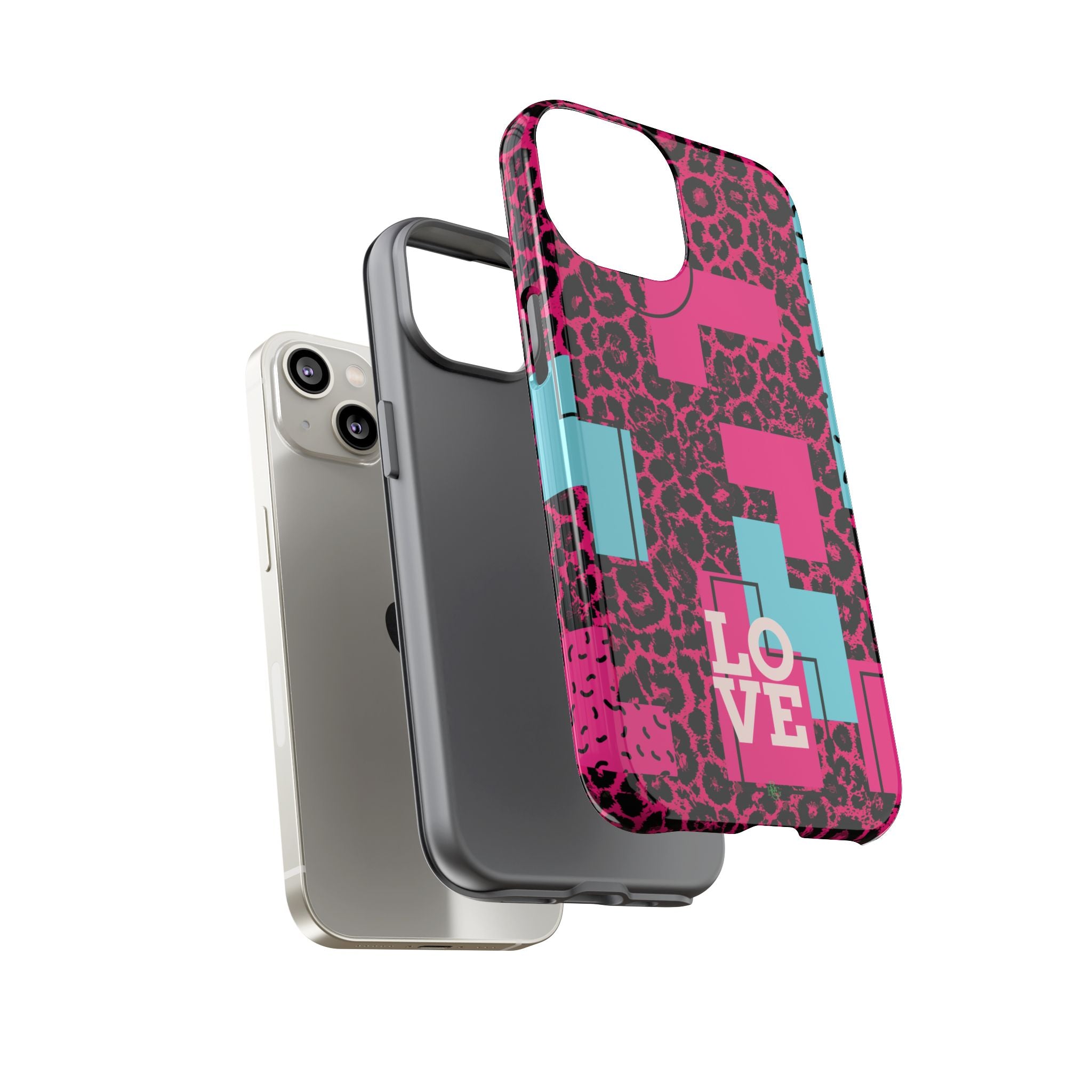 Pink Love Retro Blocks Leopard RG Tough Phone Case for iPhone, Galaxy, or Google Pixel