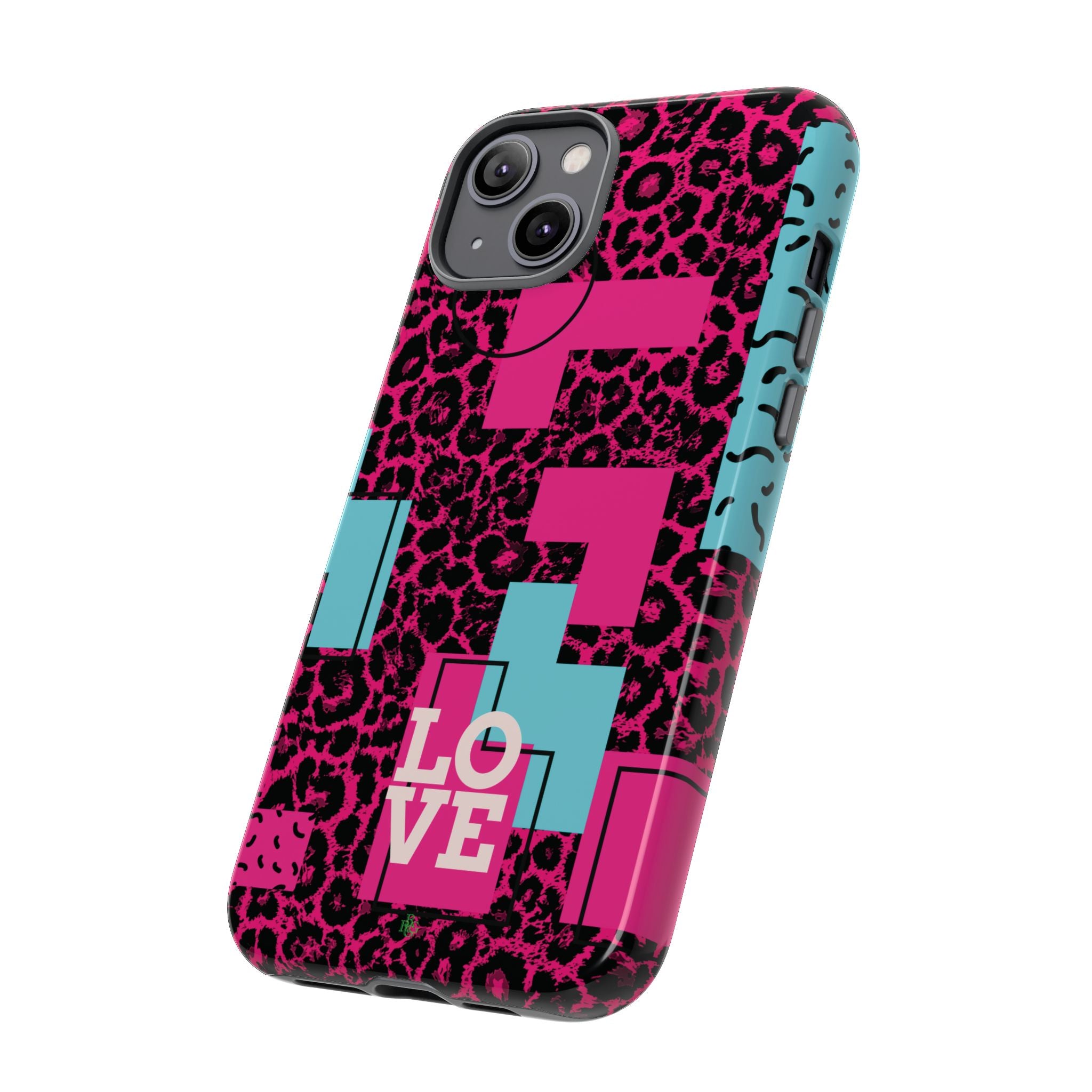 Pink Love Retro Blocks Leopard RG Tough Phone Case for iPhone, Galaxy, or Google Pixel