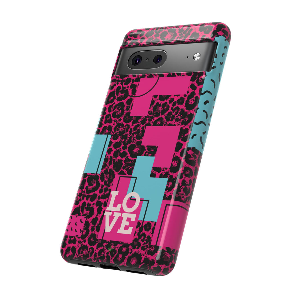 Pink Love Retro Blocks Leopard RG Tough Phone Case for iPhone, Galaxy, or Google Pixel