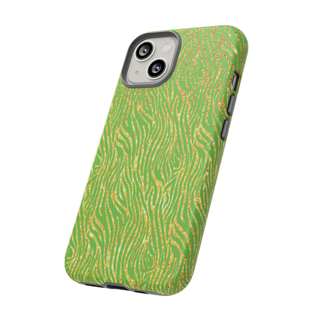 Neon Green Gold Zebra Tough Phone Case for iPhone, Galaxy, or Google Pixel