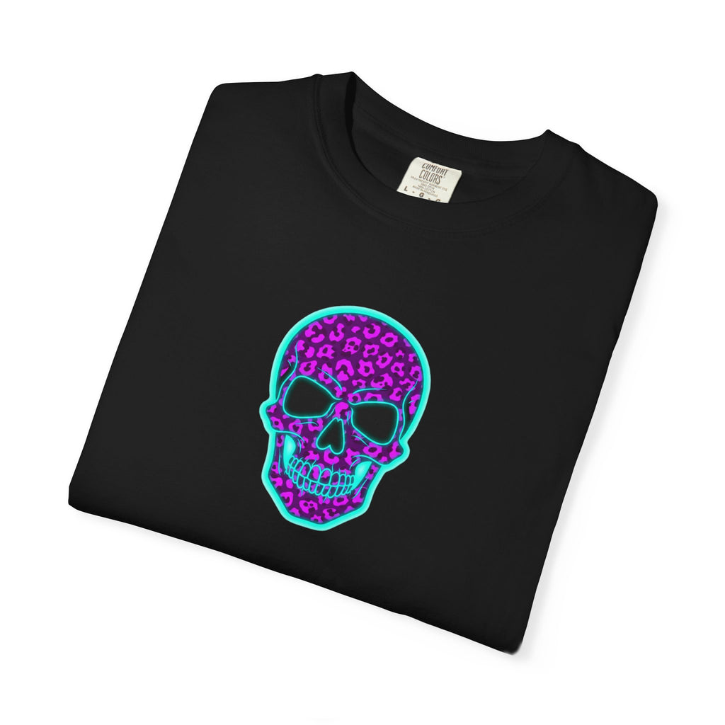 Neon Blue and Purple Leopard Print Skull Unisex Garment-Dyed T-shirt