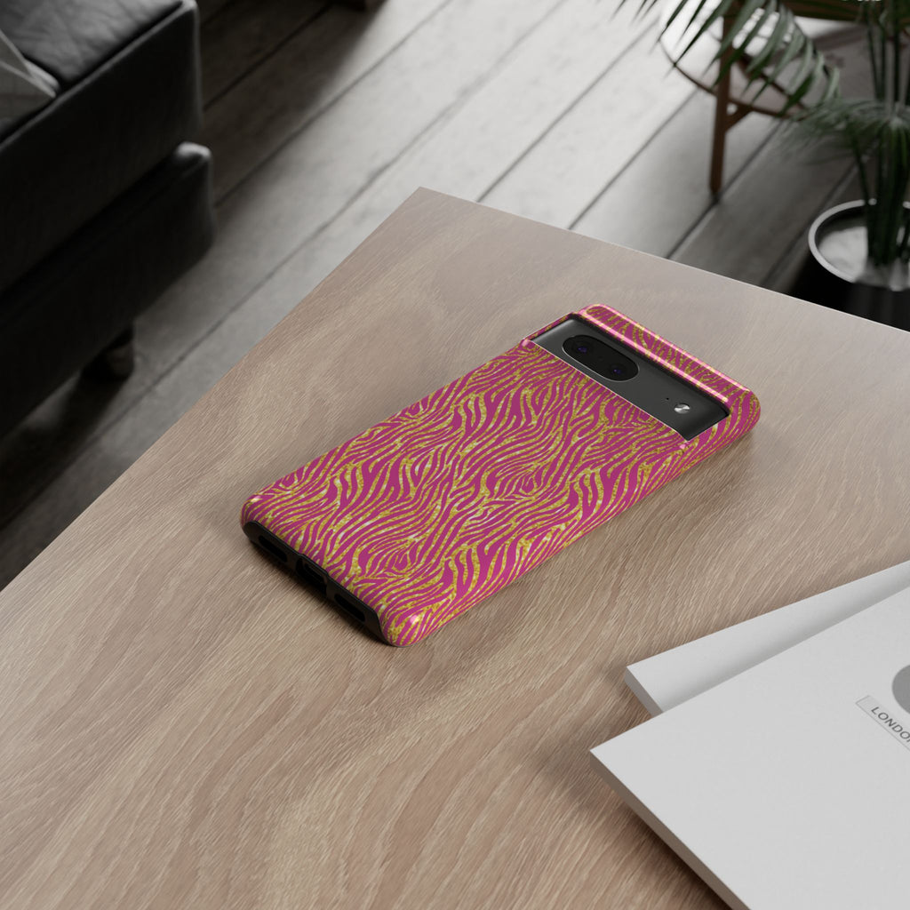 Pink Gold Zebra Print Tough Case for iPhone, Galaxy, or Google Pixel
