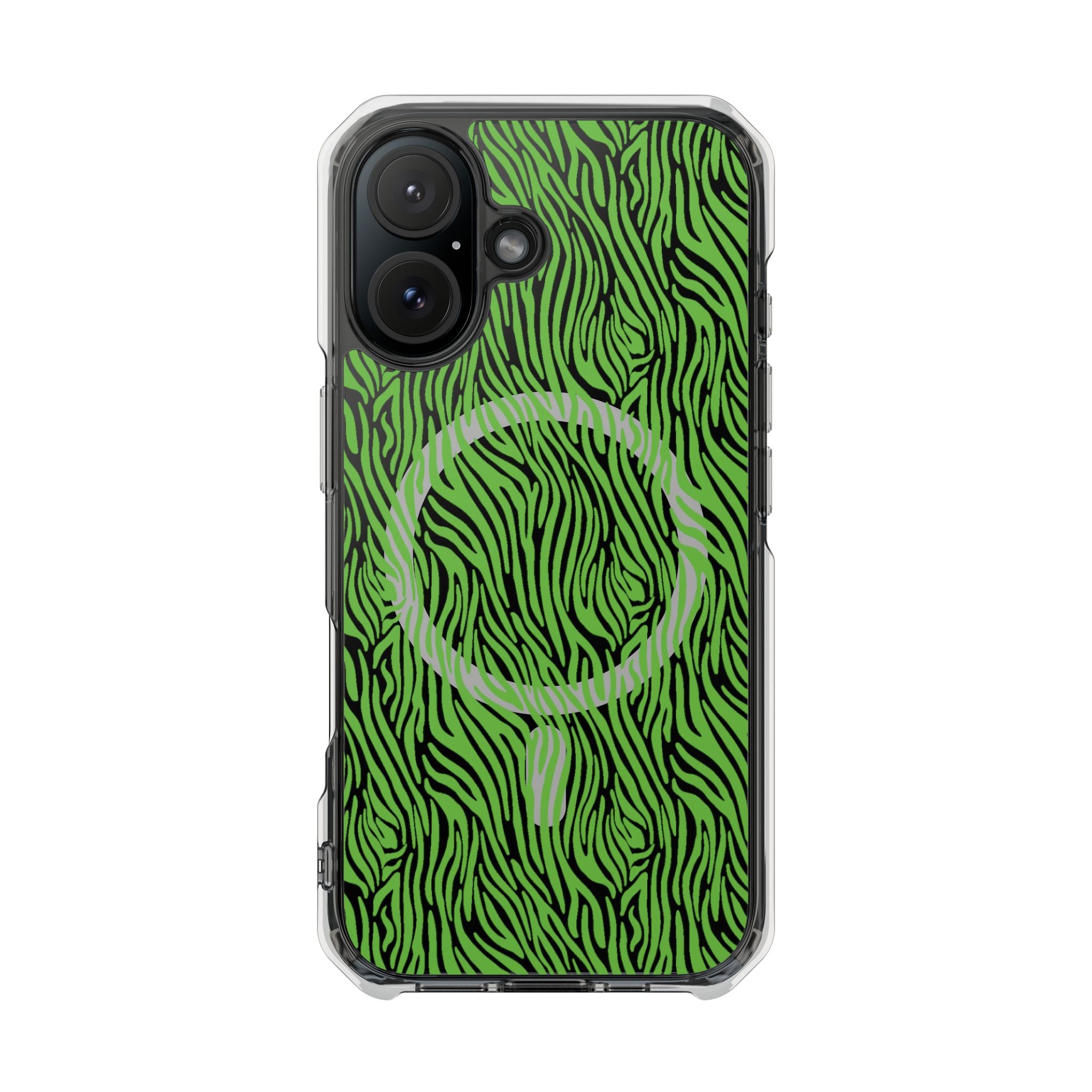 Neon Green Zebra Magnetic iPhone 14, 15, 16 Series Clear Impact Cases