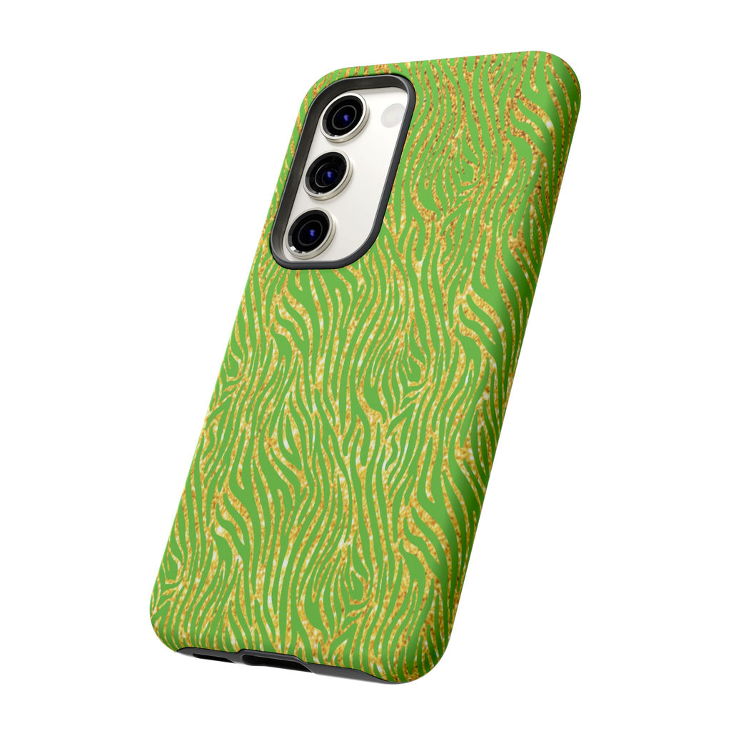 Neon Green Gold Zebra Tough Phone Case for iPhone, Galaxy, or Google Pixel
