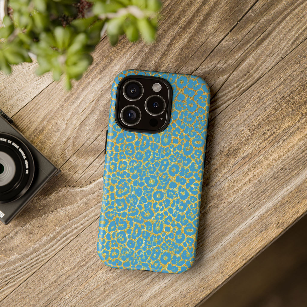 Blue Gold Leopard Tough Phone Case for iPhone, Galaxy, or Google Pixel