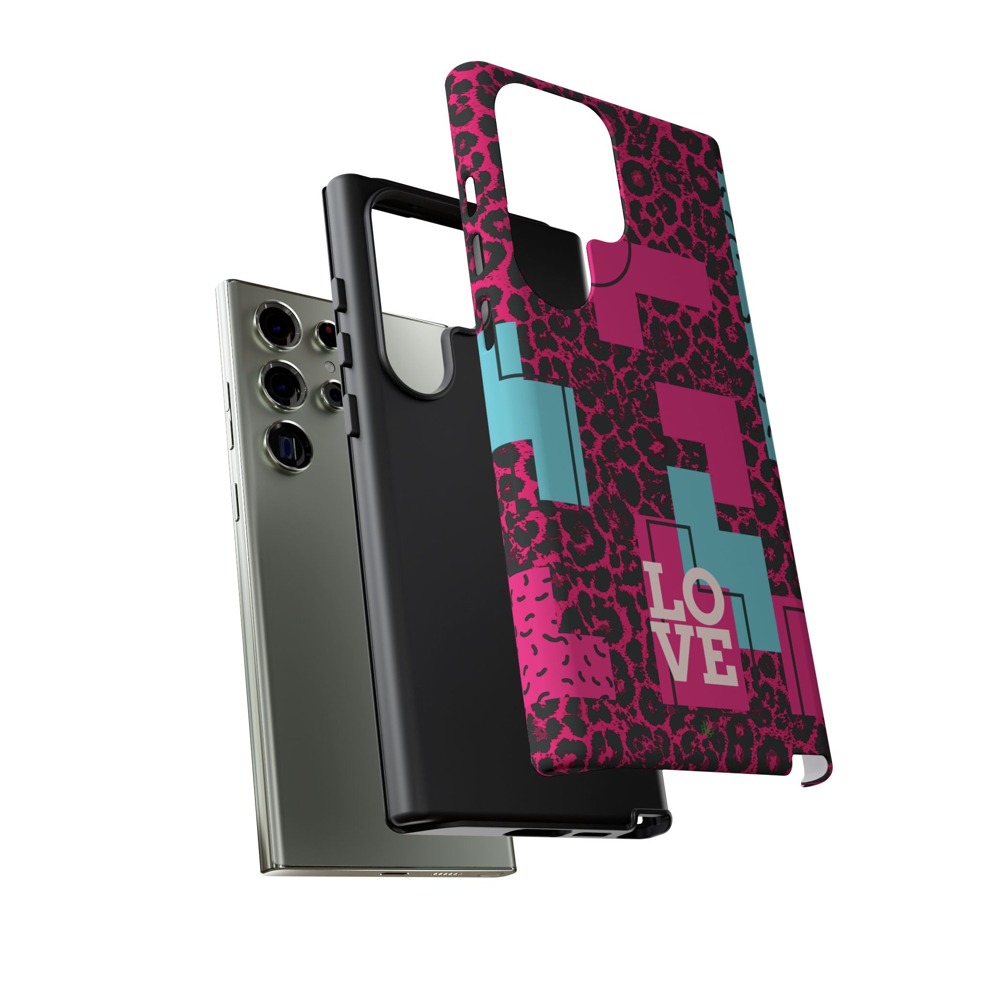 Pink Love Retro Blocks Leopard RG Tough Phone Case for iPhone, Galaxy, or Google Pixel